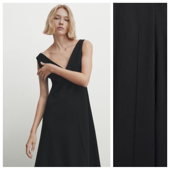 NWOT. Massimo Dutti Casual Style Black V-Neck Midi Dress with Strap. Size L. - Picture 4 of 12